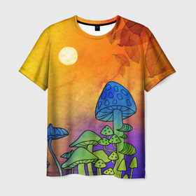 Мужская футболка 3D с принтом Заколдованный лес в Екатеринбурге, 100% полиэфир | прямой крой, круглый вырез горловины, длина до линии бедер | акварель | глитч грибы | грибы | грибы нарисованные карандашом | листва | необычный лес | цветные грибы