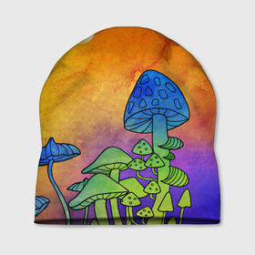 Шапка 3D с принтом Заколдованный лес в Екатеринбурге, 100% полиэстер | универсальный размер, печать по всей поверхности изделия | акварель | глитч грибы | грибы | грибы нарисованные карандашом | листва | необычный лес | цветные грибы