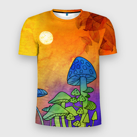 Мужская футболка 3D спортивная с принтом Заколдованный лес в Новосибирске, 100% полиэстер с улучшенными характеристиками | приталенный силуэт, круглая горловина, широкие плечи, сужается к линии бедра | Тематика изображения на принте: акварель | глитч грибы | грибы | грибы нарисованные карандашом | листва | необычный лес | цветные грибы
