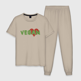 Мужская пижама хлопок с принтом Vegan Love в Екатеринбурге, 100% хлопок | брюки и футболка прямого кроя, без карманов, на брюках мягкая резинка на поясе и по низу штанин
 | green | greenpaece | love | vegan | yoga | веган | вегетарианец | гринпис | дерево | еда | животные | жизнь | здоровье | зеленый | йога | любовь | мир | овощи | пища | планета | природа | сердце | фрукты