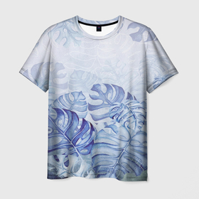 Мужская футболка 3D с принтом Синие листья в Белгороде, 100% полиэфир | прямой крой, круглый вырез горловины, длина до линии бедер | крупные листья | листва | лиственный фон | листья | природа | синий фон
