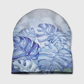 Шапка 3D с принтом Синие листья в Белгороде, 100% полиэстер | универсальный размер, печать по всей поверхности изделия | крупные листья | листва | лиственный фон | листья | природа | синий фон
