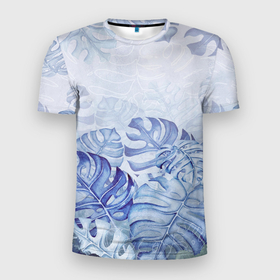 Мужская футболка 3D спортивная с принтом Синие листья в Белгороде, 100% полиэстер с улучшенными характеристиками | приталенный силуэт, круглая горловина, широкие плечи, сужается к линии бедра | крупные листья | листва | лиственный фон | листья | природа | синий фон