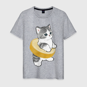 Мужская футболка хлопок с принтом Котёнок в бублике в Новосибирске, 100% хлопок | прямой крой, круглый вырез горловины, длина до линии бедер, слегка спущенное плечо. | арт | бублик | кот | котёнок | кошка | милая кошка | милый кот | милый котёнок | пончик | рисунок
