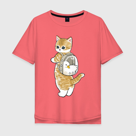 Мужская футболка хлопок Oversize с принтом Котёнок с гусём в Санкт-Петербурге, 100% хлопок | свободный крой, круглый ворот, “спинка” длиннее передней части | арт | гусь | домашнее животное | кот | котёнок | кошка | милая кошка | милый кот | милый котёнок | пончик | прогулка | рисунок | рюкзак