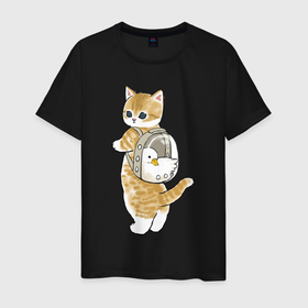 Мужская футболка хлопок с принтом Котёнок с гусём , 100% хлопок | прямой крой, круглый вырез горловины, длина до линии бедер, слегка спущенное плечо. | Тематика изображения на принте: арт | гусь | домашнее животное | кот | котёнок | кошка | милая кошка | милый кот | милый котёнок | пончик | прогулка | рисунок | рюкзак