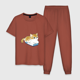 Мужская пижама хлопок с принтом Котёнок отдыхает в Кировске, 100% хлопок | брюки и футболка прямого кроя, без карманов, на брюках мягкая резинка на поясе и по низу штанин
 | арт | кот | котёнок | кошка | милая кошка | милый кот | милый котёнок | отдых | пончик | рисунок | рыжая кошка | рыжий кот | рыжий котёнок