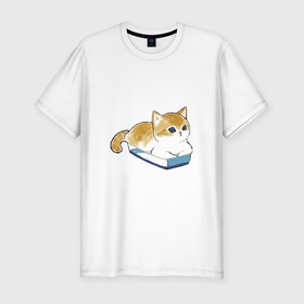 Мужская футболка хлопок Slim с принтом Котёнок отдыхает , 92% хлопок, 8% лайкра | приталенный силуэт, круглый вырез ворота, длина до линии бедра, короткий рукав | арт | кот | котёнок | кошка | милая кошка | милый кот | милый котёнок | отдых | пончик | рисунок | рыжая кошка | рыжий кот | рыжий котёнок