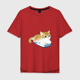 Мужская футболка хлопок Oversize с принтом Котёнок отдыхает в Курске, 100% хлопок | свободный крой, круглый ворот, “спинка” длиннее передней части | арт | кот | котёнок | кошка | милая кошка | милый кот | милый котёнок | отдых | пончик | рисунок | рыжая кошка | рыжий кот | рыжий котёнок