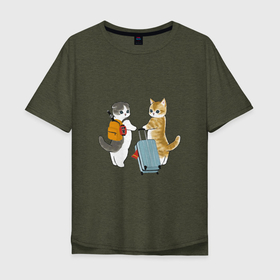 Мужская футболка хлопок Oversize с принтом Котики отправляются в отпуск в Екатеринбурге, 100% хлопок | свободный крой, круглый ворот, “спинка” длиннее передней части | арт | катана | кот | котёнок | котики | коты | котята | кошка | кошки | милая кошка | милый кот | милый котёнок | отдых | отпуск | пончик | рисунок | рюкзак | чемодан | япония
