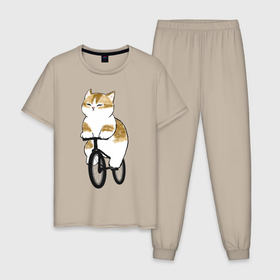 Мужская пижама хлопок с принтом Котик на велосипеде в Санкт-Петербурге, 100% хлопок | брюки и футболка прямого кроя, без карманов, на брюках мягкая резинка на поясе и по низу штанин
 | Тематика изображения на принте: арт | велосипед | ветер | кот | котёнок | кошка | милая кошка | милый кот | милый котёнок | отдых | отдыхает | пончик | рисунок