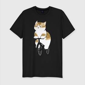 Мужская футболка хлопок Slim с принтом Котик на велосипеде в Санкт-Петербурге, 92% хлопок, 8% лайкра | приталенный силуэт, круглый вырез ворота, длина до линии бедра, короткий рукав | Тематика изображения на принте: арт | велосипед | ветер | кот | котёнок | кошка | милая кошка | милый кот | милый котёнок | отдых | отдыхает | пончик | рисунок