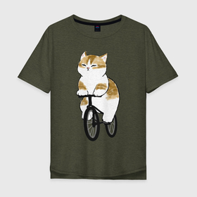 Мужская футболка хлопок Oversize с принтом Котик на велосипеде в Белгороде, 100% хлопок | свободный крой, круглый ворот, “спинка” длиннее передней части | Тематика изображения на принте: арт | велосипед | ветер | кот | котёнок | кошка | милая кошка | милый кот | милый котёнок | отдых | отдыхает | пончик | рисунок