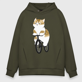 Мужское худи Oversize хлопок с принтом Котик на велосипеде в Екатеринбурге, френч-терри — 70% хлопок, 30% полиэстер. Мягкий теплый начес внутри —100% хлопок | боковые карманы, эластичные манжеты и нижняя кромка, капюшон на магнитной кнопке | арт | велосипед | ветер | кот | котёнок | кошка | милая кошка | милый кот | милый котёнок | отдых | отдыхает | пончик | рисунок