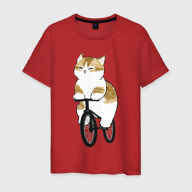 Мужская футболка хлопок с принтом Котик на велосипеде в Екатеринбурге, 100% хлопок | прямой крой, круглый вырез горловины, длина до линии бедер, слегка спущенное плечо. | арт | велосипед | ветер | кот | котёнок | кошка | милая кошка | милый кот | милый котёнок | отдых | отдыхает | пончик | рисунок