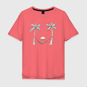 Мужская футболка хлопок Oversize с принтом Улыбка лета в Петрозаводске, 100% хлопок | свободный крой, круглый ворот, “спинка” длиннее передней части | азия | гамак | жаркие страны | закат | зимовка | иллюстрация | лето | пальмы | рисунок