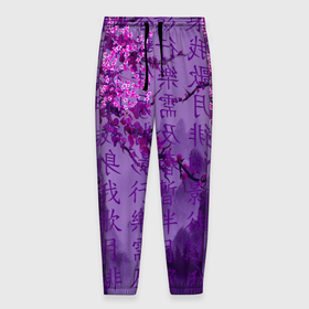 Мужские брюки 3D с принтом фиолетовый китай в Белгороде, 100% полиэстер | манжеты по низу, эластичный пояс регулируется шнурком, по бокам два кармана без застежек, внутренняя часть кармана из мелкой сетки | буквы | горы | иероглифы | сакура | фиолетовый