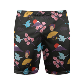 Мужские шорты спортивные с принтом Япония паттерн в Тюмени,  |  | веер | иллюстрация | оригами | паттерн | путешествия | рисунок | сакура | туризм | туристический | фуджияма | япония