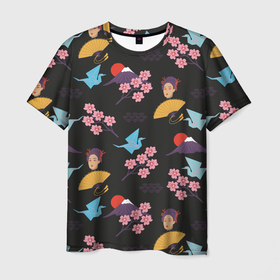 Мужская футболка 3D с принтом Япония паттерн в Курске, 100% полиэфир | прямой крой, круглый вырез горловины, длина до линии бедер | веер | иллюстрация | оригами | паттерн | путешествия | рисунок | сакура | туризм | туристический | фуджияма | япония