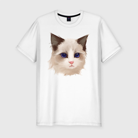 Мужская футболка хлопок Slim с принтом Хмурый кот , 92% хлопок, 8% лайкра | приталенный силуэт, круглый вырез ворота, длина до линии бедра, короткий рукав | арт | белая кошка | иллюстрация | котенок | котик | кошечка