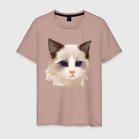 Мужская футболка хлопок с принтом Хмурый кот в Петрозаводске, 100% хлопок | прямой крой, круглый вырез горловины, длина до линии бедер, слегка спущенное плечо. | Тематика изображения на принте: арт | белая кошка | иллюстрация | котенок | котик | кошечка