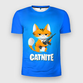 Мужская футболка 3D спортивная с принтом Catnite в Белгороде, 100% полиэстер с улучшенными характеристиками | приталенный силуэт, круглая горловина, широкие плечи, сужается к линии бедра | Тематика изображения на принте: cs go | fortnite | кот | котик | смешной кот | смешной фортнайт | фортнайт | шутер