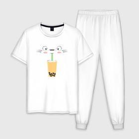 Мужская пижама хлопок с принтом Totoro Drink в Белгороде, 100% хлопок | брюки и футболка прямого кроя, без карманов, на брюках мягкая резинка на поясе и по низу штанин
 | Тематика изображения на принте: ghibli | japan | nature | neigbor | neighbour | totoro | анимация | аниме | гибли | друг | животные | лес | милый | мир | миядзаки | мой сосед тоторо | мульт | мультфильм | природа | сок | сосед | сусуватари | тоторо | хаяо