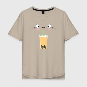 Мужская футболка хлопок Oversize с принтом Totoro Drink в Новосибирске, 100% хлопок | свободный крой, круглый ворот, “спинка” длиннее передней части | ghibli | japan | nature | neigbor | neighbour | totoro | анимация | аниме | гибли | друг | животные | лес | милый | мир | миядзаки | мой сосед тоторо | мульт | мультфильм | природа | сок | сосед | сусуватари | тоторо | хаяо