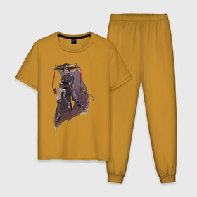 Мужская пижама хлопок с принтом Скарамучча в Санкт-Петербурге, 100% хлопок | брюки и футболка прямого кроя, без карманов, на брюках мягкая резинка на поясе и по низу штанин
 | арт | баал | инадзума | милый парень | рисунок | скарамучча | фатуи