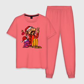 Мужская пижама хлопок с принтом Свомли и Дрейк в Тюмени, 100% хлопок | брюки и футболка прямого кроя, без карманов, на брюках мягкая резинка на поясе и по низу штанин
 | арт | зверёк | иллюстрация | свомли | человечки