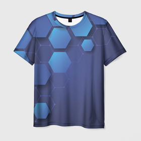Мужская футболка 3D с принтом Шестиугольники в Петрозаводске, 100% полиэфир | прямой крой, круглый вырез горловины, длина до линии бедер | геометрические фигуры | геометрия | линии | ромбы | синий фон | фигуры