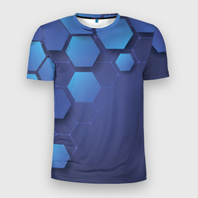 Мужская футболка 3D спортивная с принтом Шестиугольники в Тюмени, 100% полиэстер с улучшенными характеристиками | приталенный силуэт, круглая горловина, широкие плечи, сужается к линии бедра | геометрические фигуры | геометрия | линии | ромбы | синий фон | фигуры