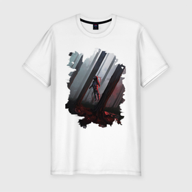 Мужская футболка хлопок Slim с принтом Алый Туман в Кировске, 92% хлопок, 8% лайкра | приталенный силуэт, круглый вырез ворота, длина до линии бедра, короткий рукав | деревья | космонавт | космос | красный | лес | туман | человек