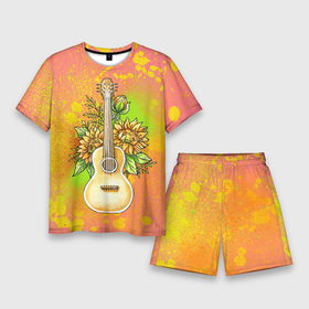 Мужской костюм с шортами 3D с принтом Гитара и подсолнухи ,  |  | гитара | инструмент | кляксы | подсолнух | цветы