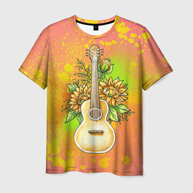 Мужская футболка 3D с принтом Гитара и подсолнухи , 100% полиэфир | прямой крой, круглый вырез горловины, длина до линии бедер | гитара | инструмент | кляксы | подсолнух | цветы