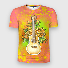 Мужская футболка 3D спортивная с принтом Гитара и подсолнухи в Курске, 100% полиэстер с улучшенными характеристиками | приталенный силуэт, круглая горловина, широкие плечи, сужается к линии бедра | гитара | инструмент | кляксы | подсолнух | цветы