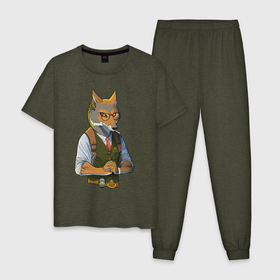 Мужская пижама хлопок с принтом Волк-детектив в Новосибирске, 100% хлопок | брюки и футболка прямого кроя, без карманов, на брюках мягкая резинка на поясе и по низу штанин
 | арт | волк | детектив | животное | зверь | рисунок | человекоподобный