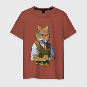 Мужская футболка хлопок с принтом Волк-детектив в Тюмени, 100% хлопок | прямой крой, круглый вырез горловины, длина до линии бедер, слегка спущенное плечо. | арт | волк | детектив | животное | зверь | рисунок | человекоподобный