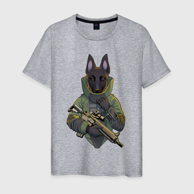 Мужская футболка хлопок с принтом Овчарка-военный в Белгороде, 100% хлопок | прямой крой, круглый вырез горловины, длина до линии бедер, слегка спущенное плечо. | автомат | арт | винтовка | военный | животное | зверь | оружие | пёс | рисунок | снайпер | снайперская винтовка | собака | человекоподобный