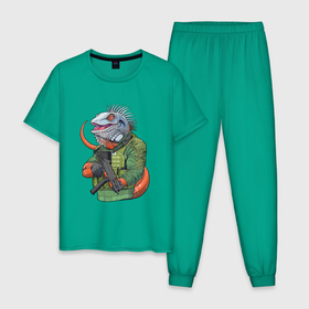 Мужская пижама хлопок с принтом Опасная игуана в Новосибирске, 100% хлопок | брюки и футболка прямого кроя, без карманов, на брюках мягкая резинка на поясе и по низу штанин
 | автомат | арт | военный | животное | зверь | игуана | оружие | рисунок | человекоподобный