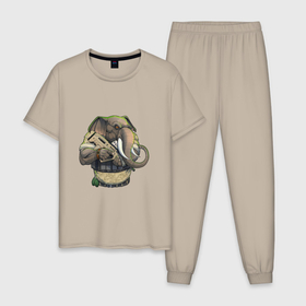 Мужская пижама хлопок с принтом Слон-военный в Новосибирске, 100% хлопок | брюки и футболка прямого кроя, без карманов, на брюках мягкая резинка на поясе и по низу штанин
 | автомат | арт | животное | зверь | оружие | рисунок | слон | человекоподобный