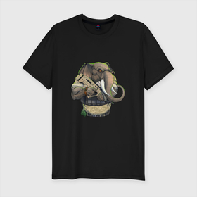 Мужская футболка хлопок Slim с принтом Слон-военный в Курске, 92% хлопок, 8% лайкра | приталенный силуэт, круглый вырез ворота, длина до линии бедра, короткий рукав | Тематика изображения на принте: автомат | арт | животное | зверь | оружие | рисунок | слон | человекоподобный