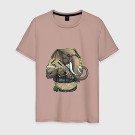 Мужская футболка хлопок с принтом Слон-военный в Курске, 100% хлопок | прямой крой, круглый вырез горловины, длина до линии бедер, слегка спущенное плечо. | Тематика изображения на принте: автомат | арт | животное | зверь | оружие | рисунок | слон | человекоподобный