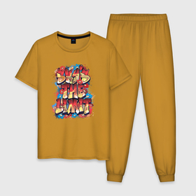 Мужская пижама хлопок с принтом Красивые надписи в Тюмени, 100% хлопок | брюки и футболка прямого кроя, без карманов, на брюках мягкая резинка на поясе и по низу штанин
 | кляксы | краски | лето | надписи | холли | цветные пятна | цветы
