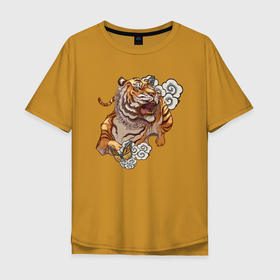Мужская футболка хлопок Oversize с принтом Год тигра в Белгороде, 100% хлопок | свободный крой, круглый ворот, “спинка” длиннее передней части | Тематика изображения на принте: tiger | год тигра | зверь | облака | тигр | хищная кошка | хищник