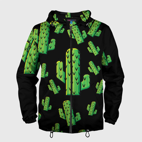 Мужская ветровка 3D с принтом Cactus Time - Веселые кактусы в Курске, 100% полиэстер | подол и капюшон оформлены резинкой с фиксаторами, два кармана без застежек по бокам, один потайной карман на груди | cactus time | веселый | зеленый | кактусы | милый