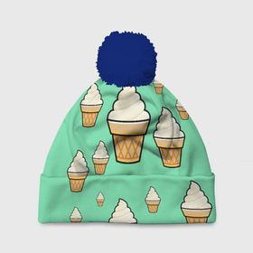 Шапка 3D c помпоном с принтом Мороженое - Ice Cream Party в Санкт-Петербурге, 100% полиэстер | универсальный размер, печать по всей поверхности изделия | Тематика изображения на принте: ice cream party | вкуснотень | еда | мороженое | стаканчик