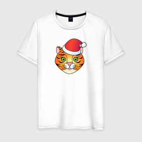 Мужская футболка хлопок с принтом Мордочка Тигра в колпаке Санты в Тюмени, 100% хлопок | прямой крой, круглый вырез горловины, длина до линии бедер, слегка спущенное плечо. | Тематика изображения на принте: 2022 | колпак санты | новый год | символ | тигр