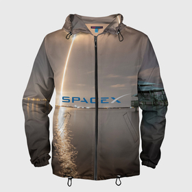 Мужская ветровка 3D с принтом SpaceX Dragon 2 в Курске, 100% полиэстер | подол и капюшон оформлены резинкой с фиксаторами, два кармана без застежек по бокам, один потайной карман на груди | crew | dragon | falcon 9 | rocket | ship | space | spaceship | spacex | икс | корабль | космический | космос | ракета | спейс