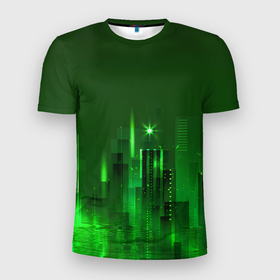 Мужская футболка 3D спортивная с принтом Зеленый город в Кировске, 100% полиэстер с улучшенными характеристиками | приталенный силуэт, круглая горловина, широкие плечи, сужается к линии бедра | большие строения | большой город | высокие постройки | дома | здания | многоэтажки | постройки